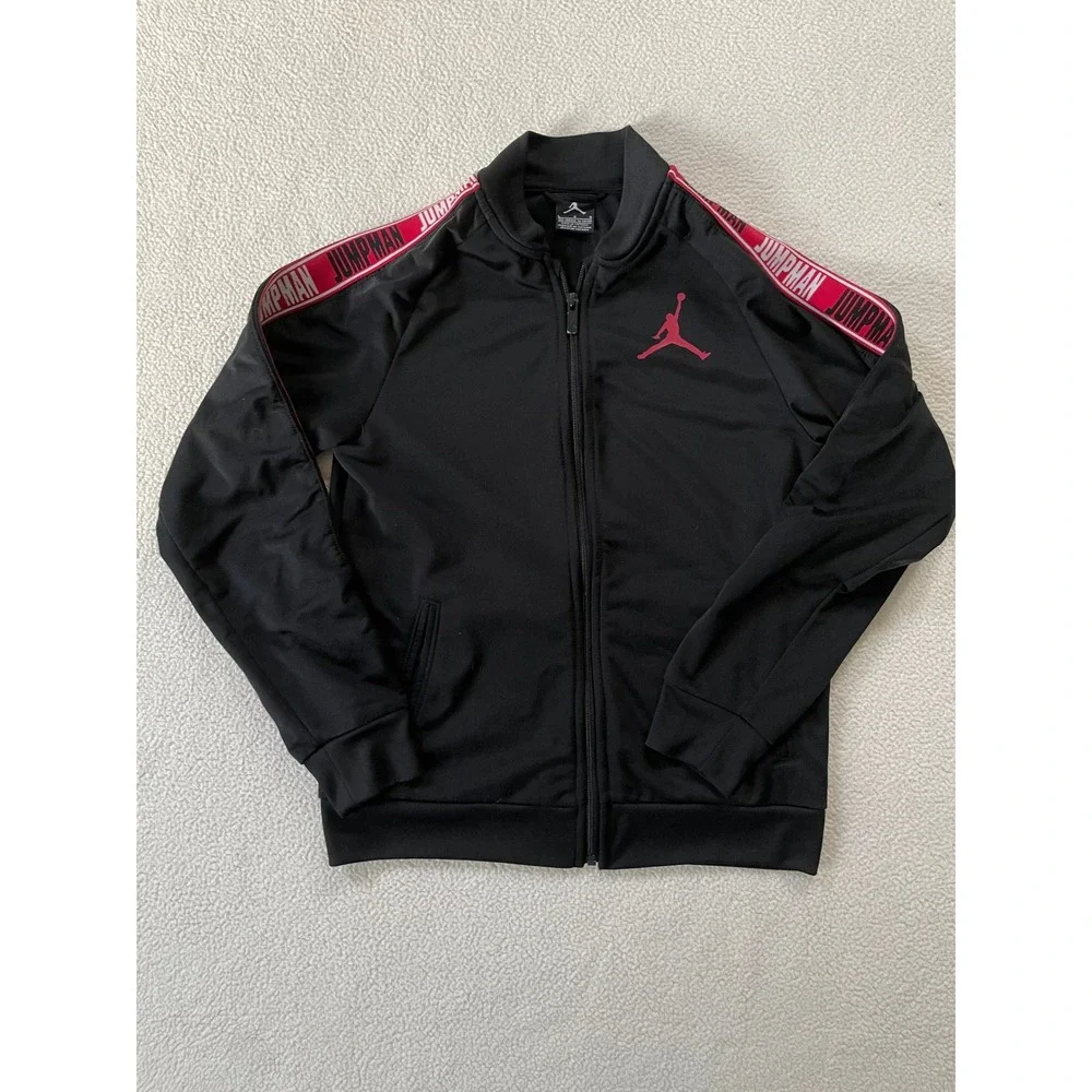 Jordan Boys Large Track Jacket Black Red Jumpman Tape Logo Full Zip Bomber